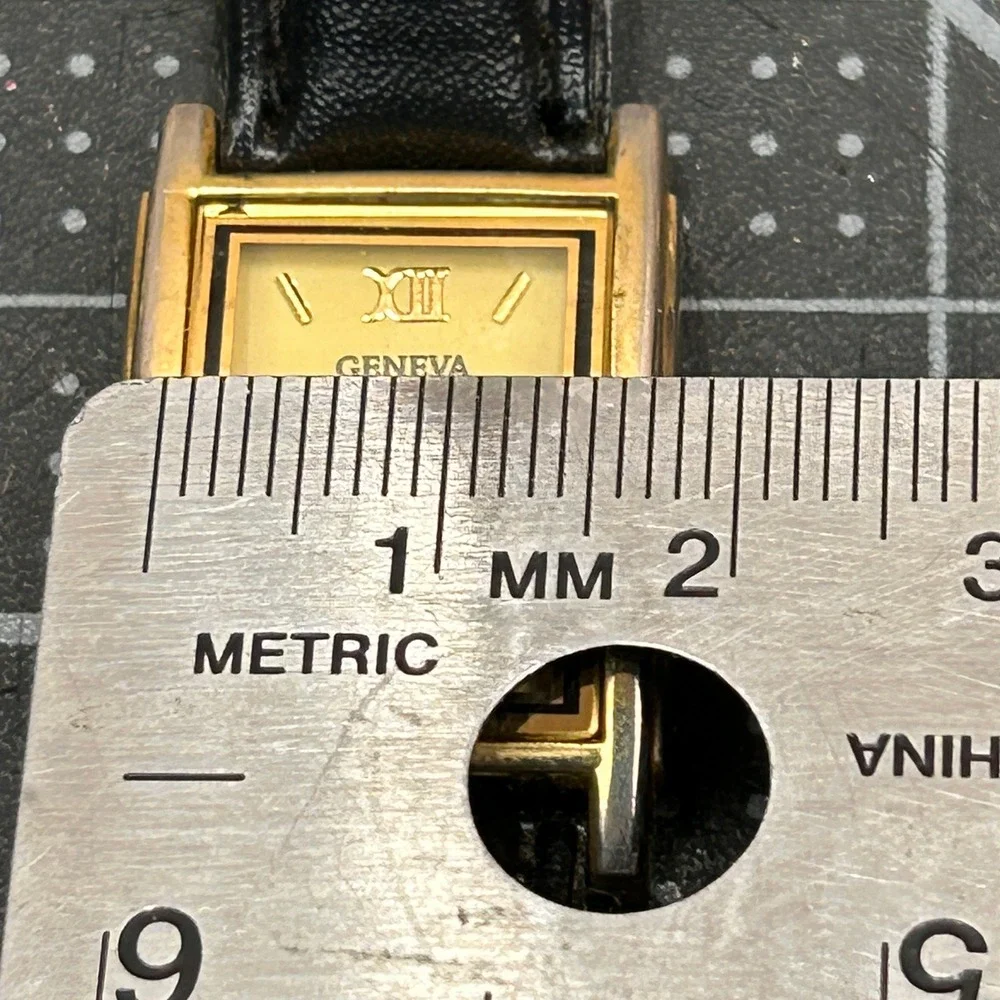 Geneva Quartz Watch Gold‎ Tone Rectangular Case Black Leather Band Japan Movt